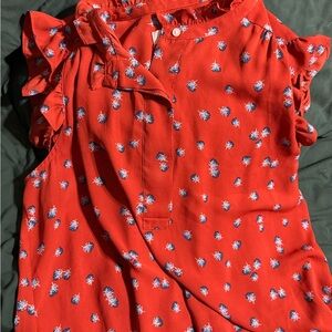 LOFT Red Floral Ruffle-Sleeve Tunic